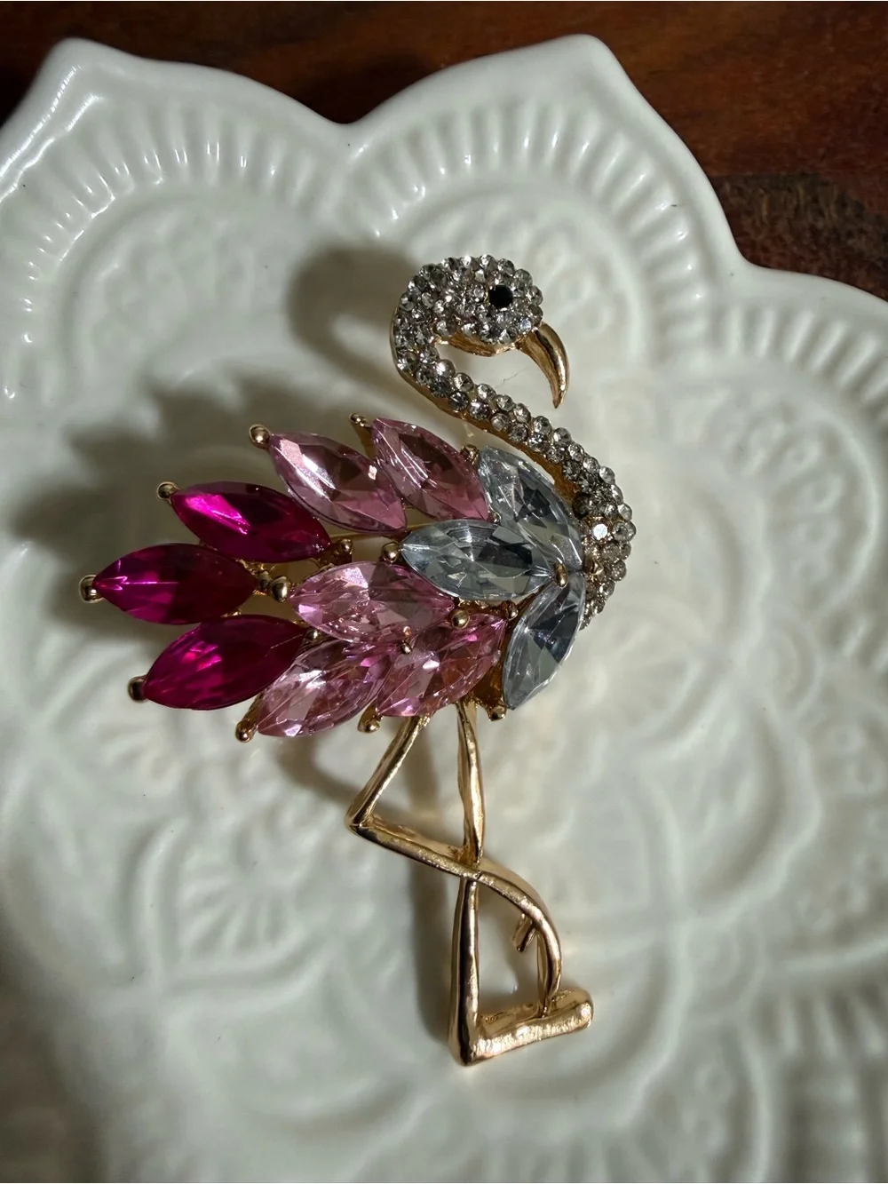New sparkling gold-tone flamingo brooch adorned with pink and clear crystals
